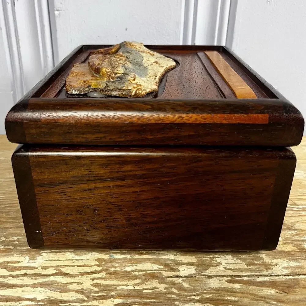 Vintage Handmade Mahogany Wood Box Ceramic Tile Lid Southwestern Cactus OOAK